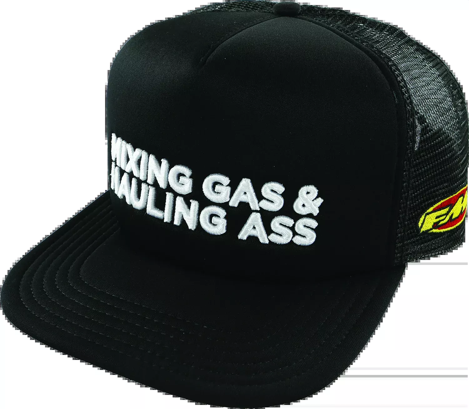 FMF Gass Hat - Black FA7196903BLK | Five-Panel Mesh Trucker Cap with Embroidery