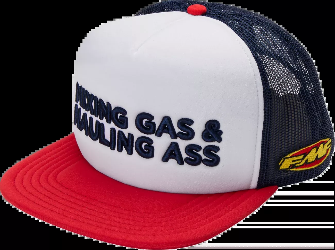 FMF Gass Hat - Red, White & Blue Five-Panel Mesh Trucker Cap with Embroidery - Part FA7196903RWB
