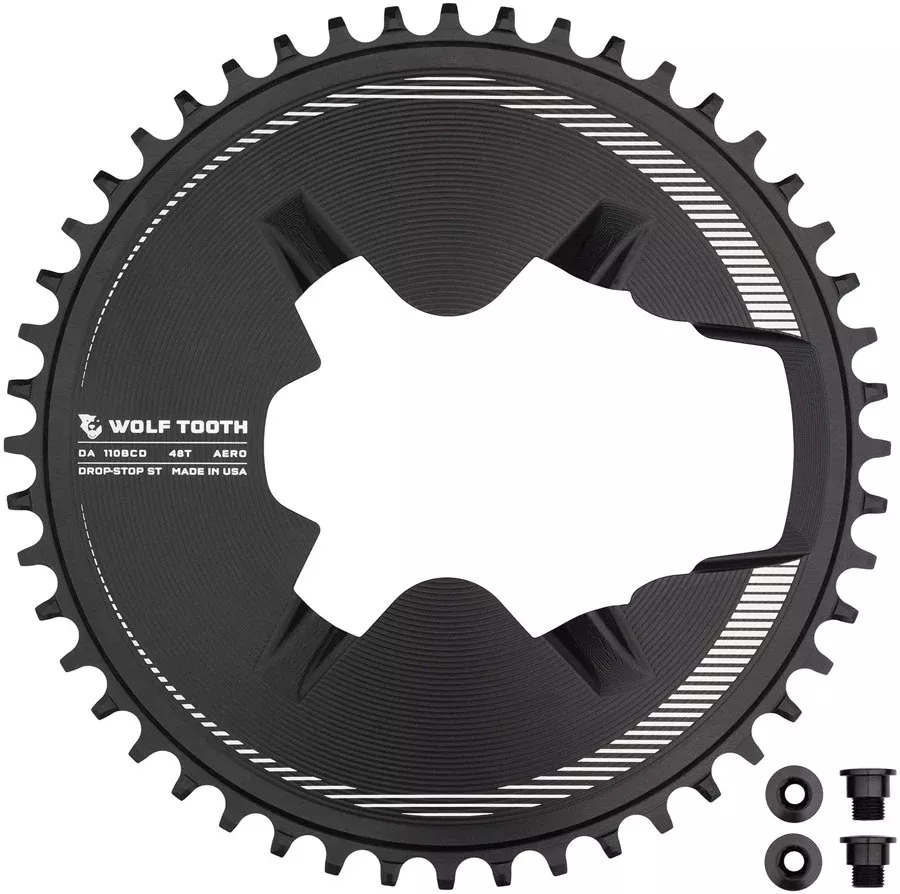Wolf Tooth Aero Direct Mount 1x Chainring - 48t 4-Bolt Drop-Stop ST Compatible Shimano Dura-Ace R9200/R9200-P Only BLK